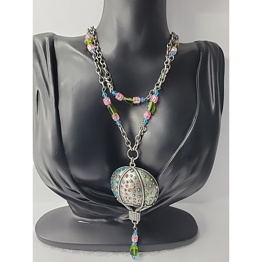 Vintage Hot Air Balloon Necklace Rhinestones Beaded Dangle Silver Tone Whimsical